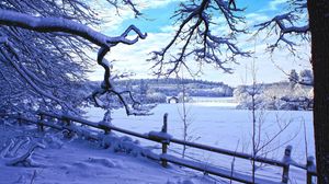 Превью обои зима, снег, ветки, забор, зимний пейзаж