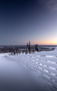 Превью обои зима, снег, забор, заснеженный, иней, горизонт