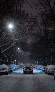 Превью обои зима, улица, автомобиль, движение, ночь, ветки, деревья