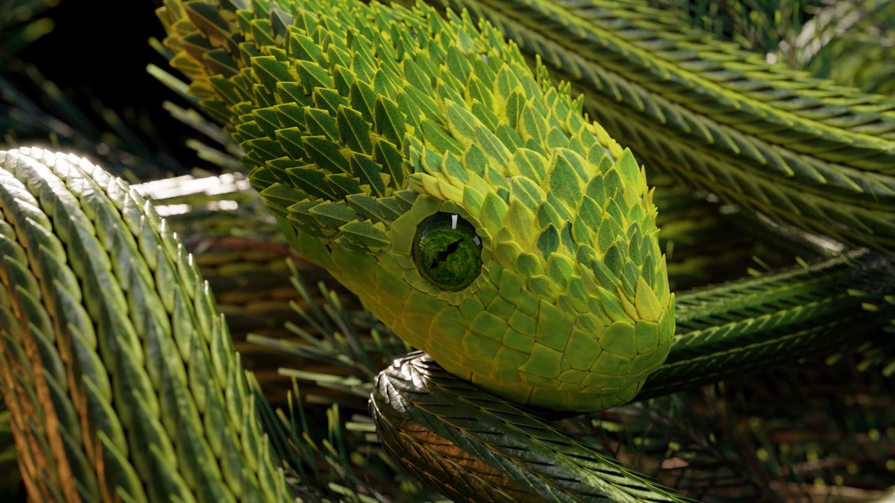 Обои змея, зеленый, рептилия, чешуя, 3d