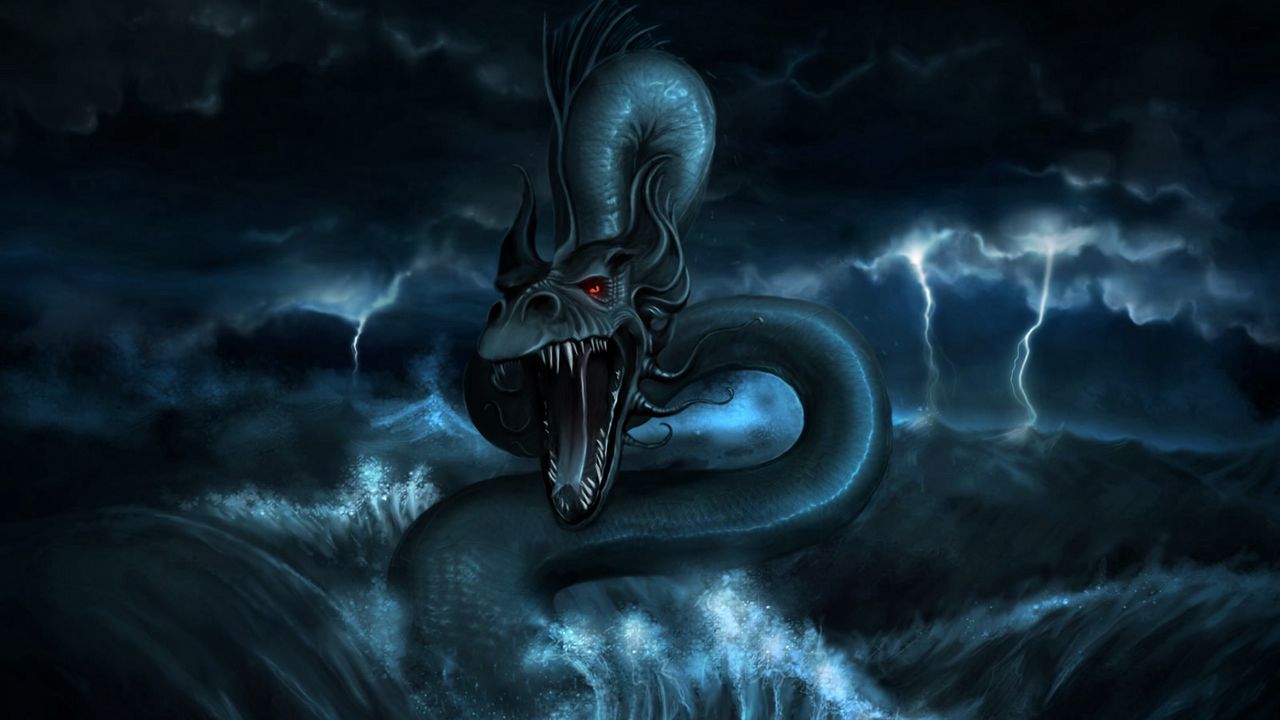 Обои змей, монстр, вода, шторм