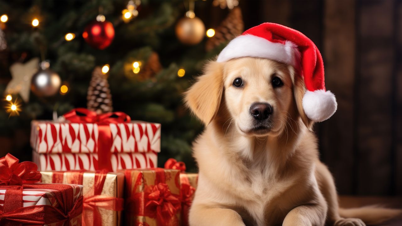 Обои золотистый ретривер, ретривер, собака, питомец, санта-клаус, подарки, новый год, рождество