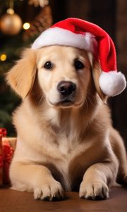 Превью обои золотистый ретривер, ретривер, собака, питомец, санта-клаус, подарки, новый год, рождество
