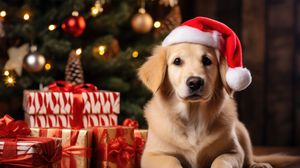 Превью обои золотистый ретривер, ретривер, собака, питомец, санта-клаус, подарки, новый год, рождество