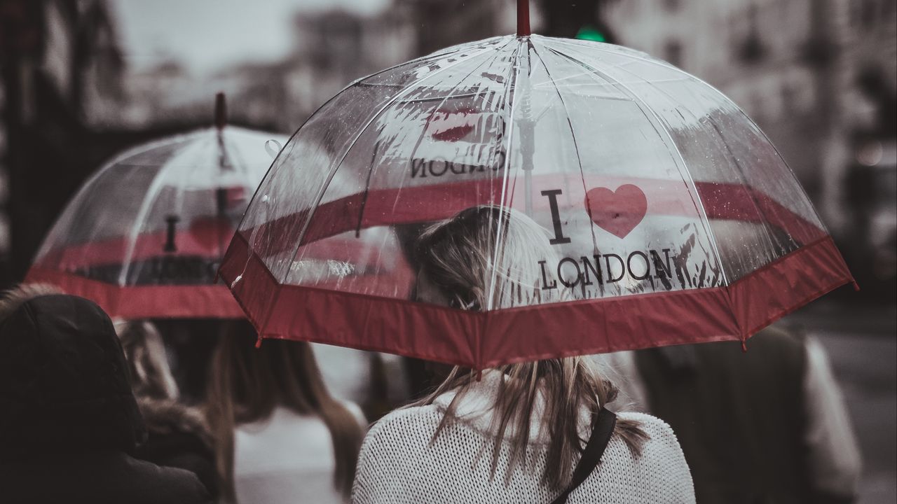 Обои зонт, девушка, дождь, город