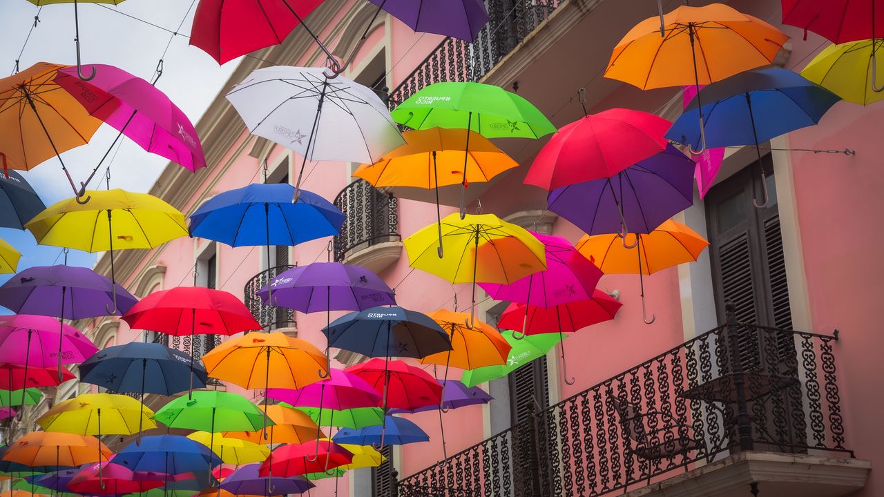 Обои зонты, здание, разноцветный, балкон