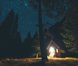 Превью обои звездное небо, домик, лес, ночь