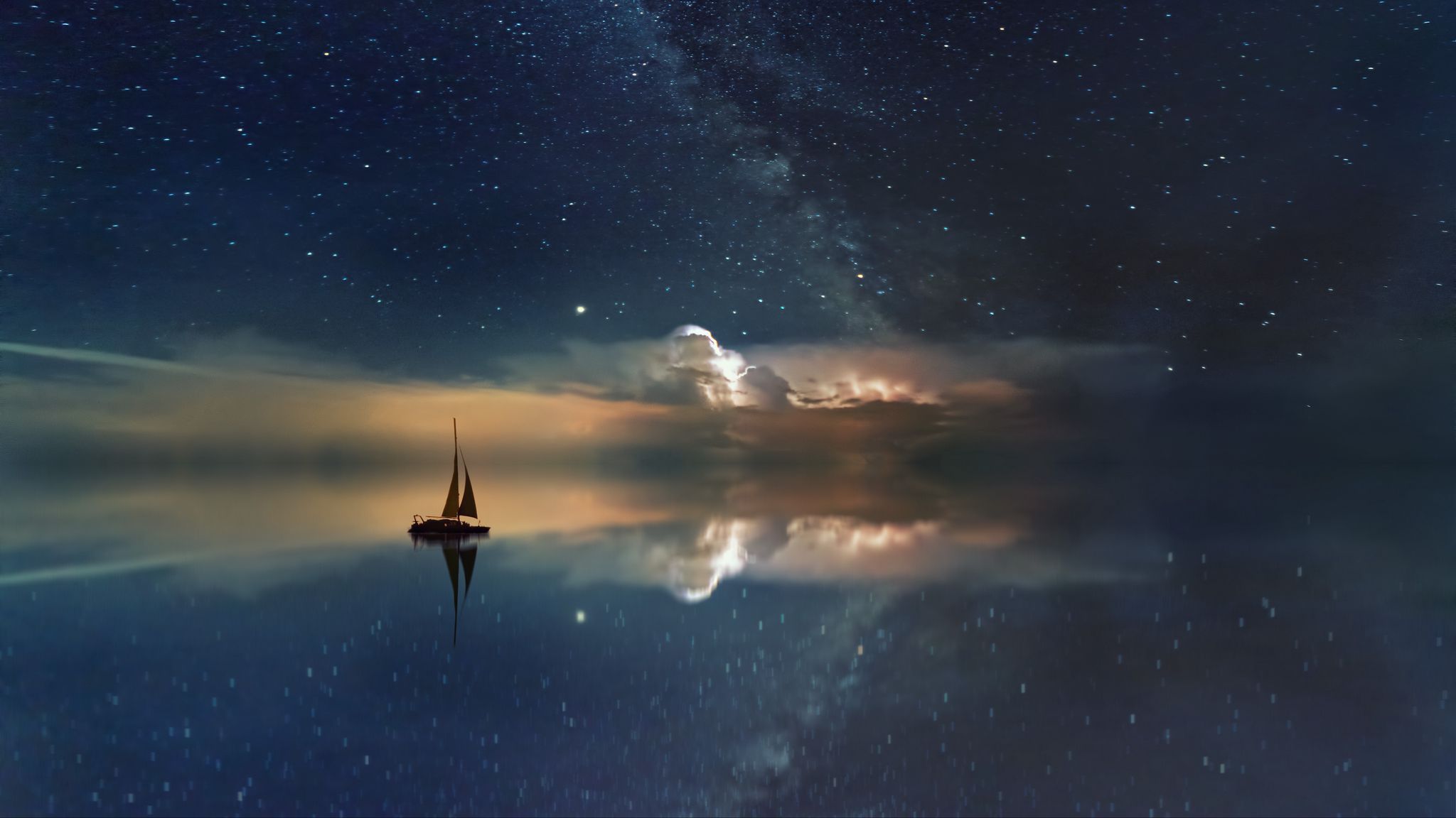 2048x1152 Обои звездное небо, лодка, отражение, парус, ночь