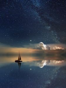 Превью обои звездное небо, лодка, отражение, парус, ночь