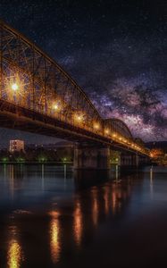 Превью обои звездное небо, мост, железная дорога, ночь, hdr