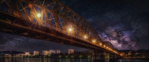 Превью обои звездное небо, мост, железная дорога, ночь, hdr