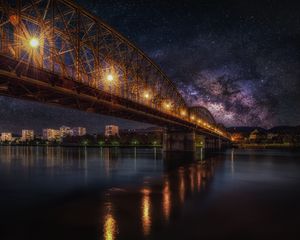 Превью обои звездное небо, мост, железная дорога, ночь, hdr