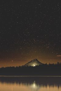 Превью обои звездное небо, озеро, гора, деревья, ночь