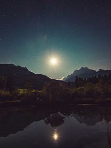 Превью обои звездное небо, озеро, горы, деревья