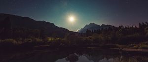 Превью обои звездное небо, озеро, горы, деревья