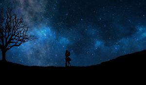 Превью обои звездное небо, пара, любовь, силуэты