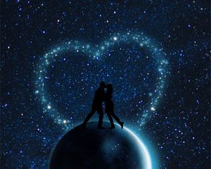 Превью обои звездное небо, пара, силуэты, любовь, планета