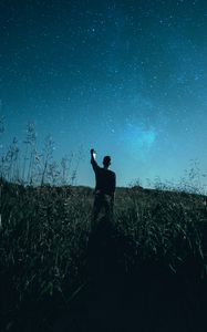 Превью обои звездное небо, силуэт, ночь, трава, поле