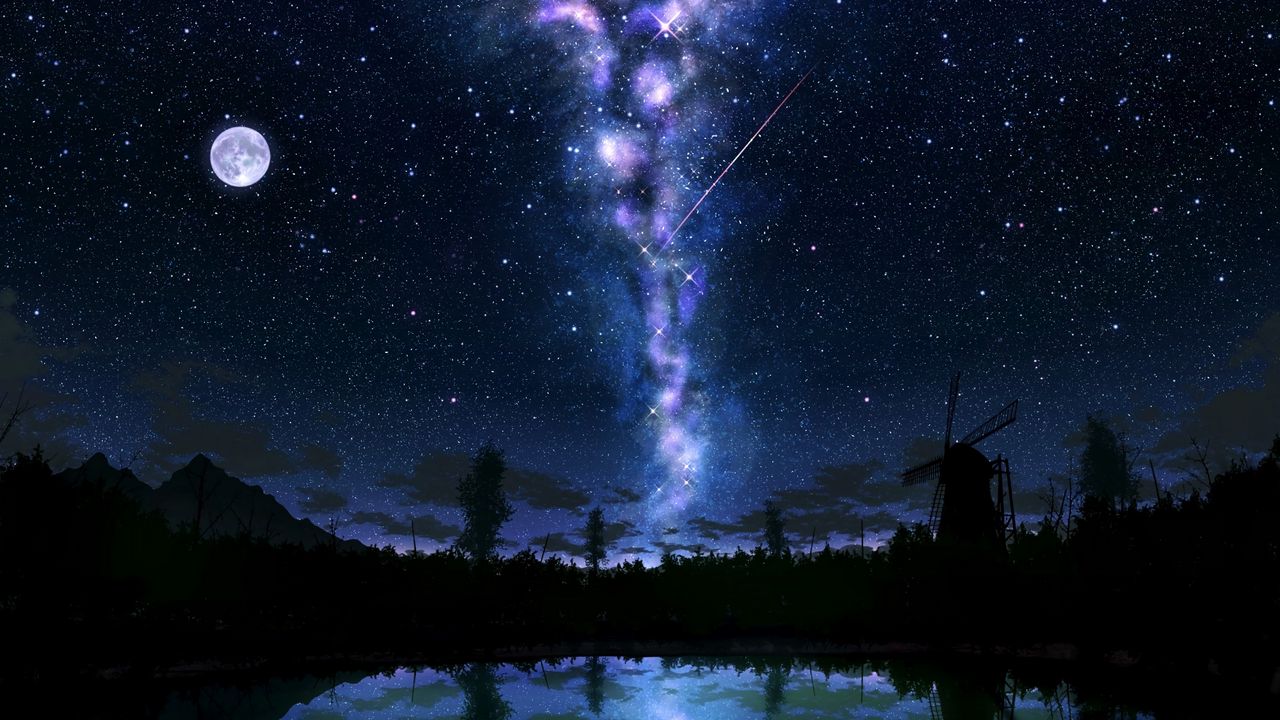 Обои звездное небо, свечение, арт, темный, озеро, отражение