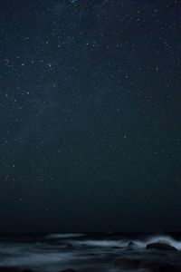 Превью обои звездное небо, туман, камни, море