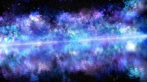 Превью обои звездное небо, вода, птицы, поверхность, отражение, пурпурный, облака, сияющий