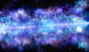 Превью обои звездное небо, вода, птицы, поверхность, отражение, пурпурный, облака, сияющий