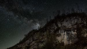 Превью обои звездное небо, водопад, скалы, лес