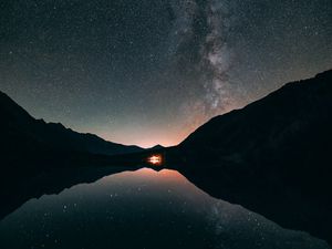 Превью обои звездное небо, звезды, млечный путь, ночь, озеро, отражение