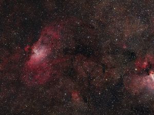 Превью обои звезды, туманности, блестки, красный, темный, космос