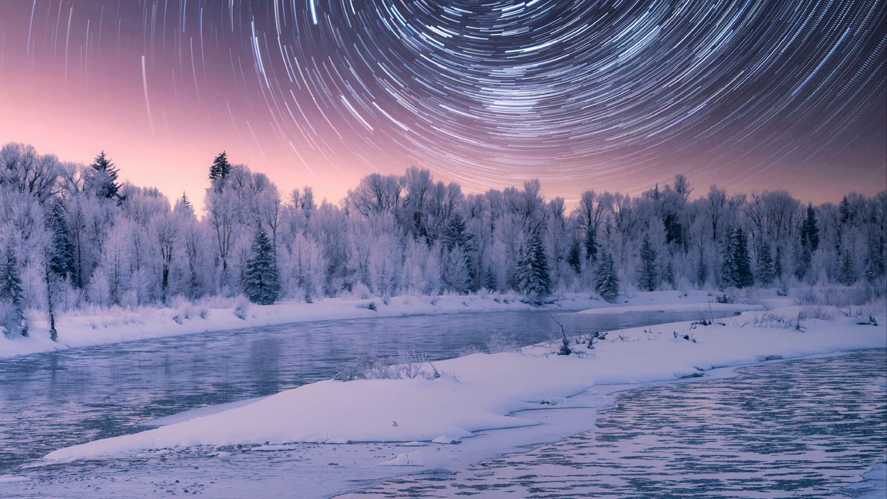 Обои звезды, вращение, длинная выдержка, ночь, зима, пейзаж